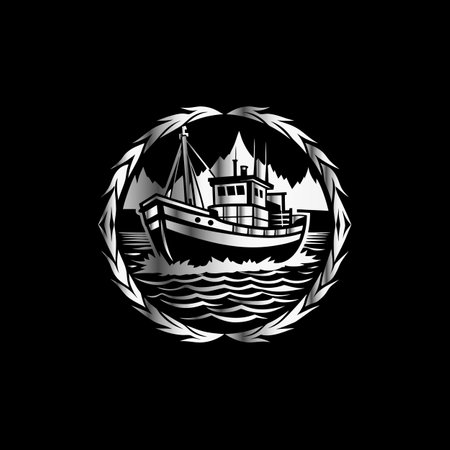Fishing boat on the lake. Black and white vector illustration.のイラスト素材
