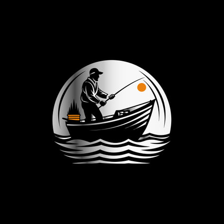 Fisherman silhouette in boat with fishing rod. Vector illustration.のイラスト素材