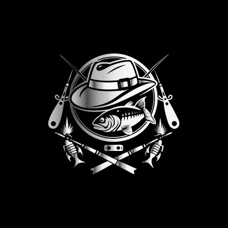 Fishing club emblem with fishing rod and fish. Vector illustration.のイラスト素材