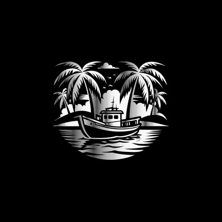 Boat with palm trees. Vector illustration on a black background.のイラスト素材