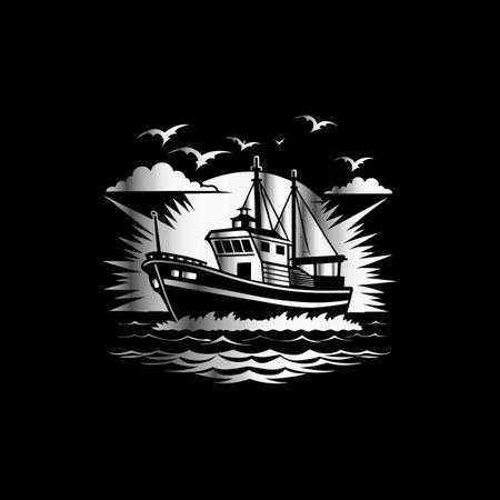 Fishing boat on the sea. Vector illustration on black background.のイラスト素材