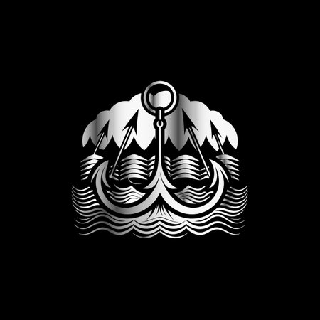 Fishing hook and sea waves. Vector illustration on black background.のイラスト素材