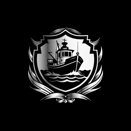 Fishing Boat logo monogram with shield shape design vector. Luxury fishing boat monogram logo,のイラスト素材