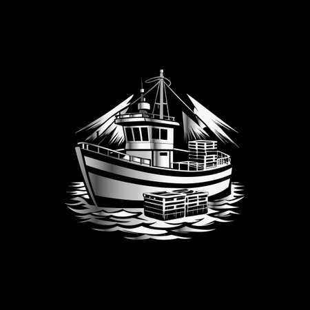 fishing boat on the water vector illustration on a black background.のイラスト素材