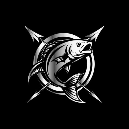 Tribal fish with spear and shield vector logo template design.のイラスト素材