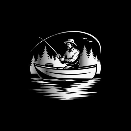 Fisherman with a fishing rod in a boat. Vector illustration.のイラスト素材