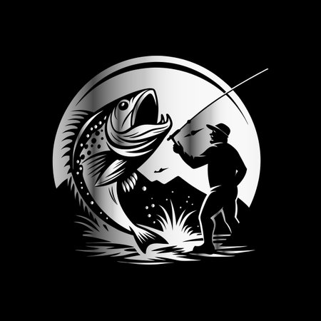 Fisherman with a fishing rod. Vector illustration on black background.のイラスト素材