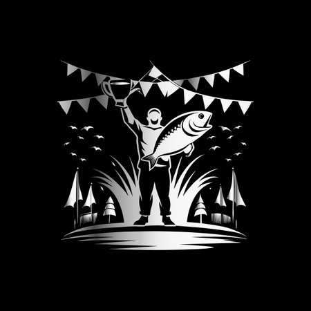 Fisherman with a big fish on a black background. Vector illustration.のイラスト素材