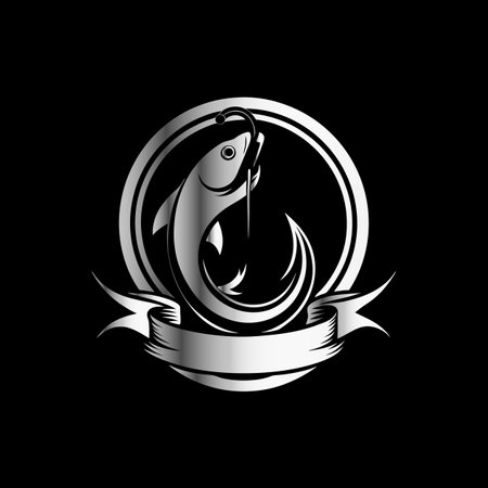 Fishing logo. Fish icon. Vector illustration. Black background.のイラスト素材