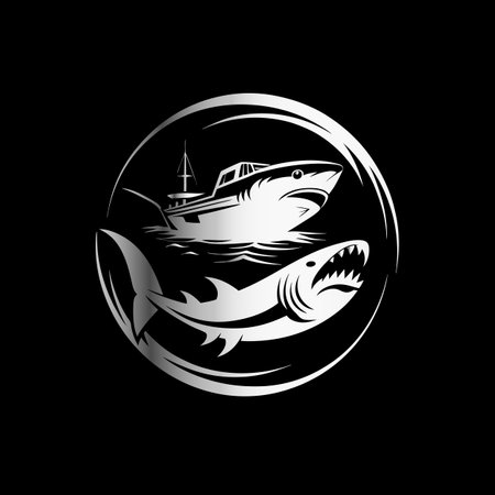 Shark and fishing boat on a black background. Vector illustration.のイラスト素材
