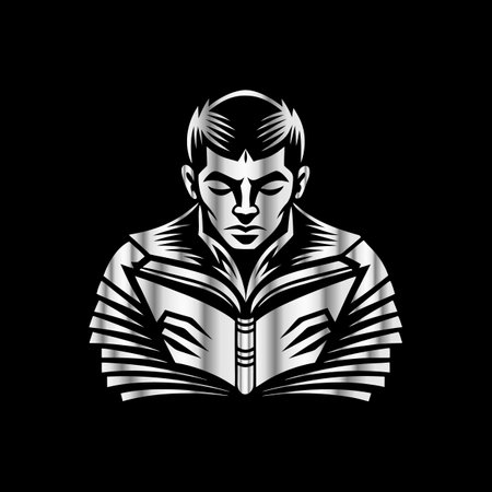Man reading a book. Vector illustration on black background. Monochrome.のイラスト素材