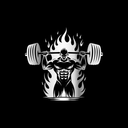 Bodybuilder with a barbell on a black background. Vector illustration.のイラスト素材