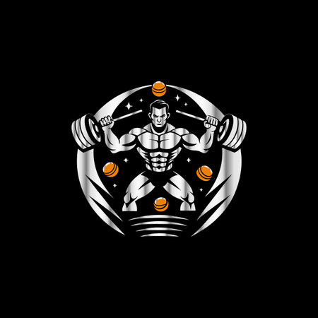 Bodybuilder with barbell vector logo design template. Bodybuilder with barbell icon.のイラスト素材