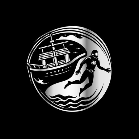 Sailing ship and man. Vector illustration on black background. Flat style.のイラスト素材