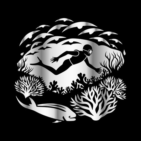 Vector illustration of a diver with a fish and corals on a black background.のイラスト素材