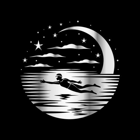 swimmer on the water in the moonlight. vector illustration.のイラスト素材