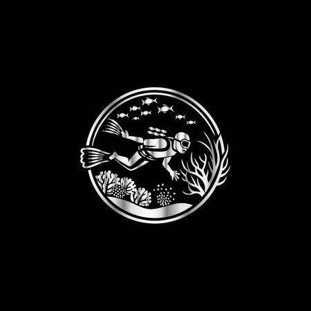 Scuba diver with corals and algae. Vector illustration on black background.のイラスト素材