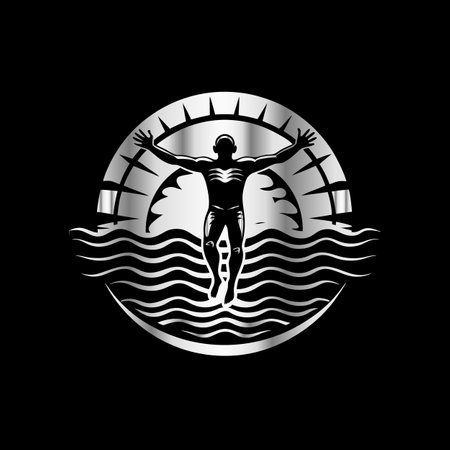 swimmer on the background of the sea, black and white vector illustrationのイラスト素材