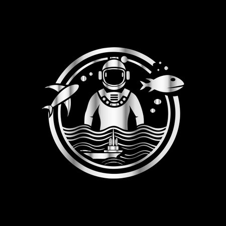 Illustration of a diver in a helmet with a fish on a black backgroundのイラスト素材