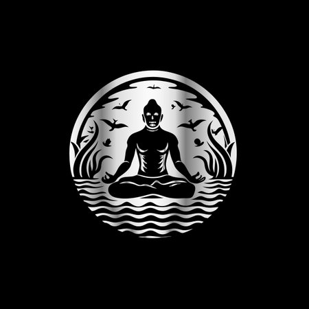 Meditating Buddha. Vector illustration on a black background. Monochrome.のイラスト素材