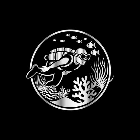 Scuba diving vector logo on black background. Scuba diving emblem.のイラスト素材