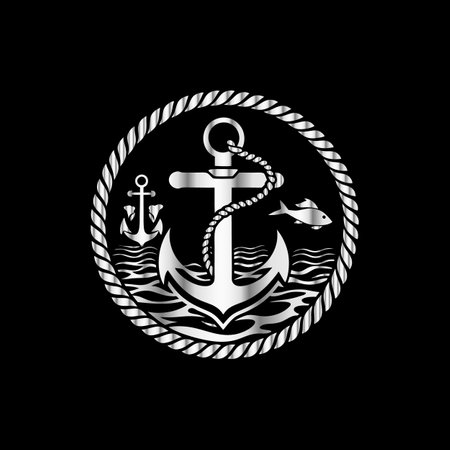 Anchor, fish, anchor, nautical symbol. Vector illustration on black background.のイラスト素材