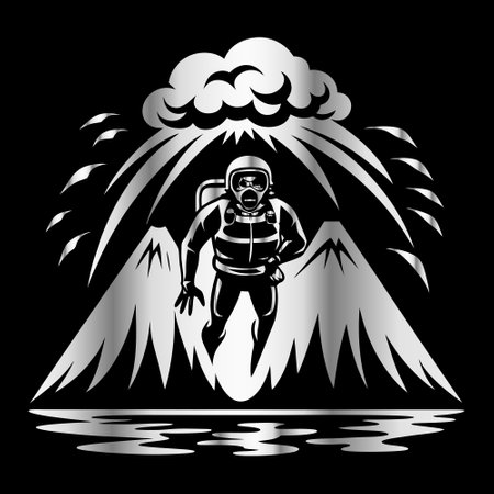 Illustration of a mountain climber on a black background with clouds.のイラスト素材