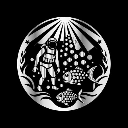 Circle of fish and diver on black background. Vector illustration.のイラスト素材