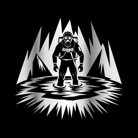 Astronaut in the mountains. Vector illustration on black background.のイラスト素材