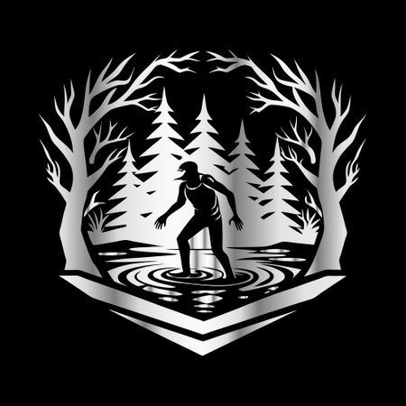Fisherman silhouette on the background of the forest. Vector illustration.のイラスト素材