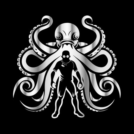 Octopus in the form of a shield. Vector illustration on a black background.のイラスト素材