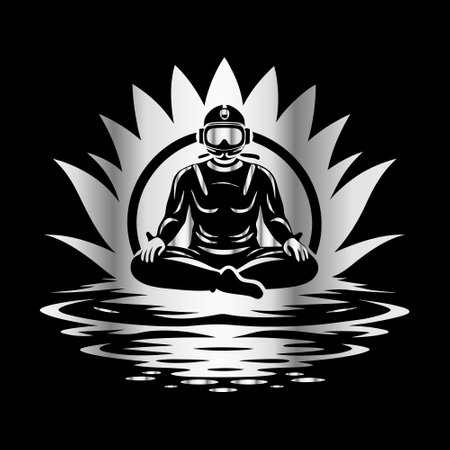 monochrome vector illustration of a man meditating in lotus poseのイラスト素材
