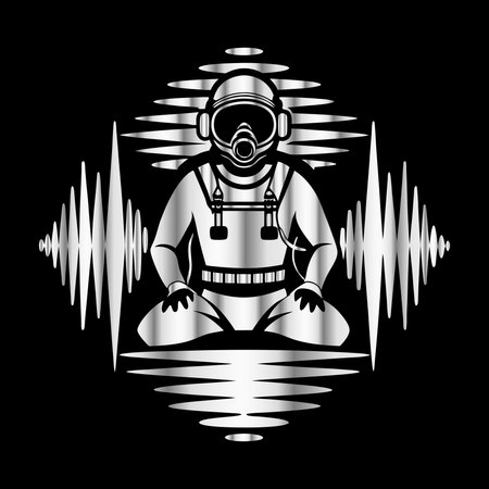 Astronaut and sound wave on black background. Vector illustration.のイラスト素材