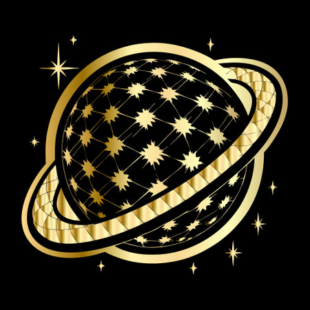 Golden planet with stars on a black background. Vector illustration for your designのイラスト素材