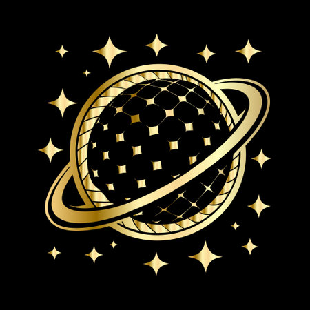 Gold planet with stars on black background. Vector illustration for your designのイラスト素材