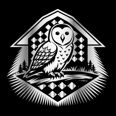 Owl in the roof of the house. Vector illustration on black background.のイラスト素材