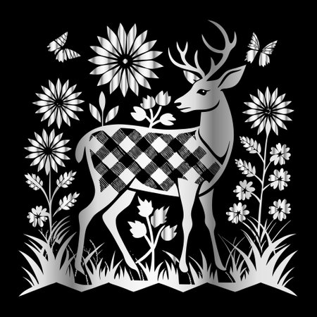 deer with flowers and butterflies on black background, vector illustration.のイラスト素材