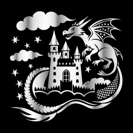 Heraldic castle with dragon, clouds and stars on black backgroundのイラスト素材