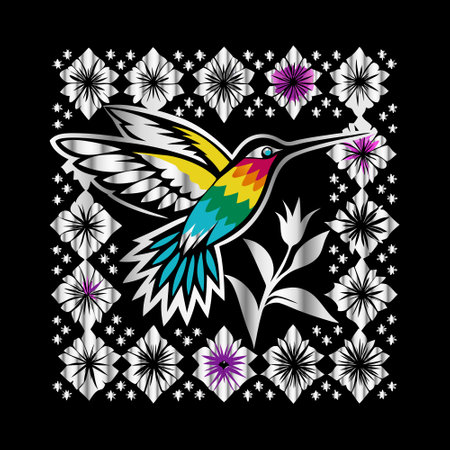 vector illustration of hummingbird and flowers on black background for your designのイラスト素材