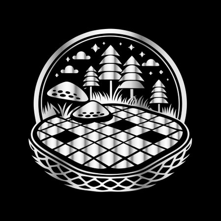Illustration of a picnic blanket with a forest on a black backgroundのイラスト素材