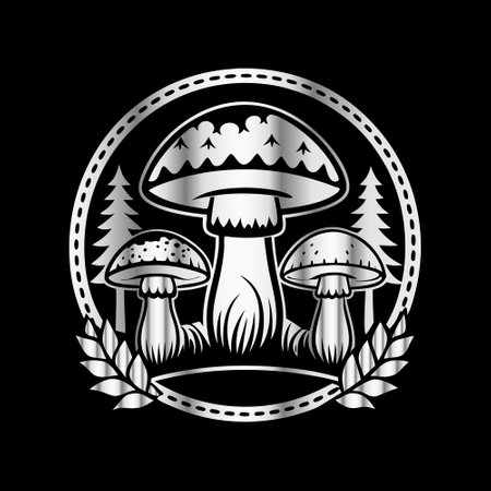 Mushroom vector emblem, heraldic coat of arms, isolated on black background.のイラスト素材