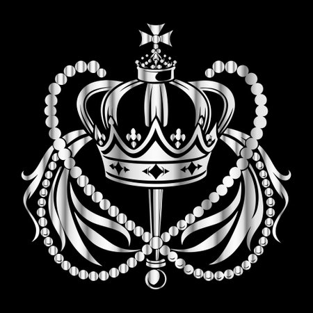 Silver royal crown with pearls on black background. Vector illustration.のイラスト素材