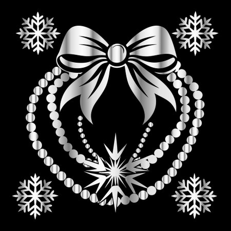Silver Christmas wreath with bow and snowflakes on black backgroundのイラスト素材