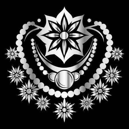 decorative element in the form of a shield with flowers and pearlsのイラスト素材