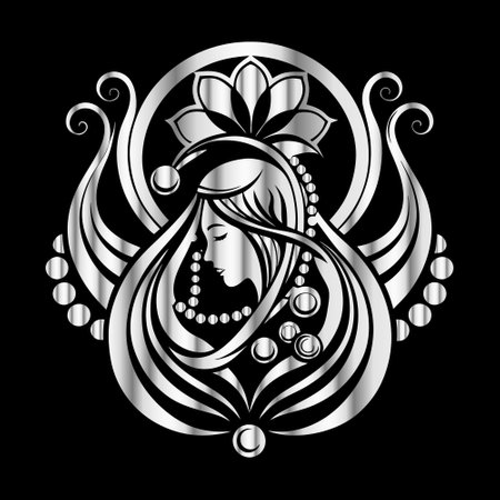 Illustration of a beautiful girl in a coat of arms isolated on a black background.のイラスト素材