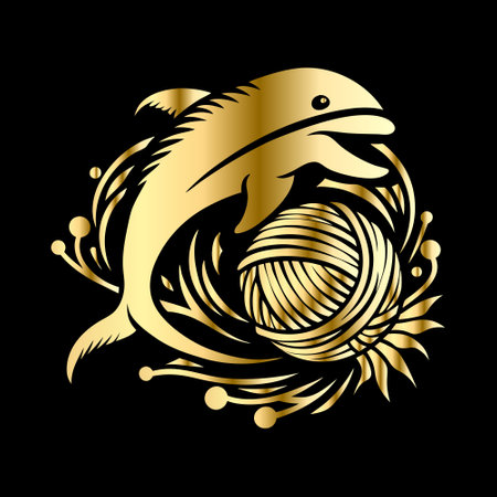 Gold fish and ball of yarn on black background. Vector illustration.のイラスト素材