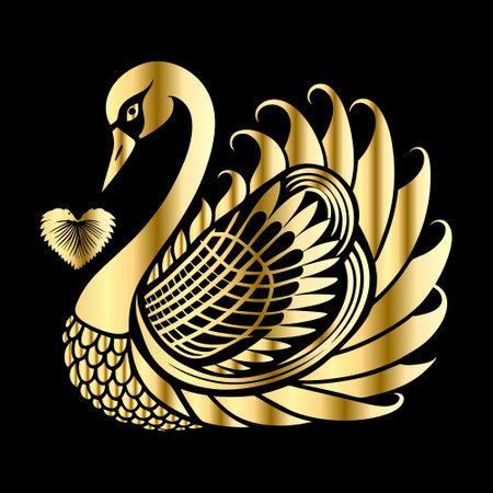 Swan in gold on a black background. Vector Illustration.のイラスト素材