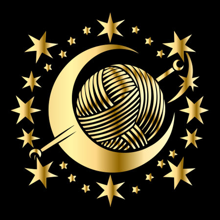 Vector illustration of golden crescent moon with knitting needles and balls of yarnのイラスト素材
