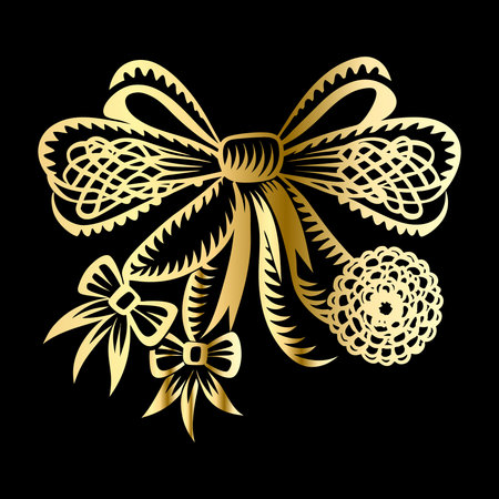 Illustration of a gold bow with flowers on a black background.のイラスト素材