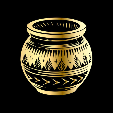 Golden pot with floral pattern on a black background. Vector illustration.のイラスト素材